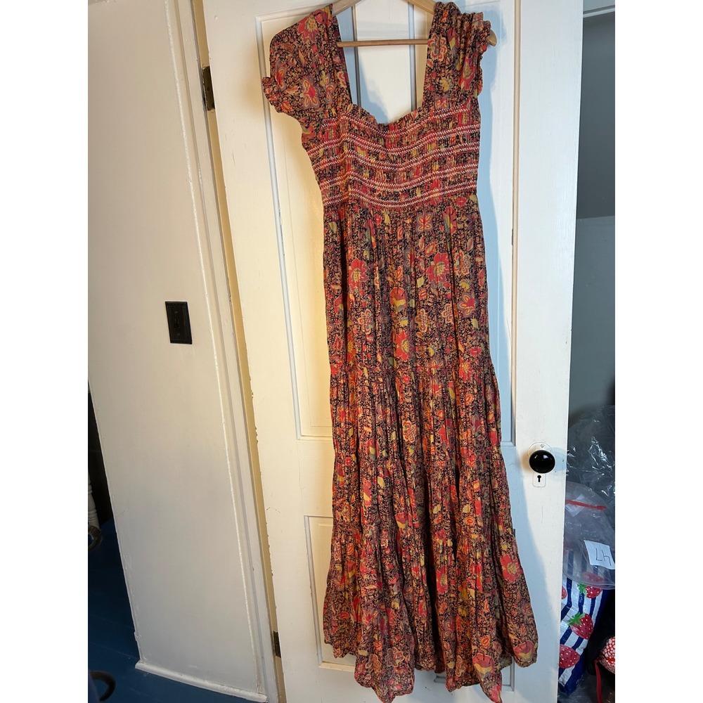 Free People Getaway Tiered Maxi Dress Red Floral Smocked Boho Medium - Picture 4 of 5